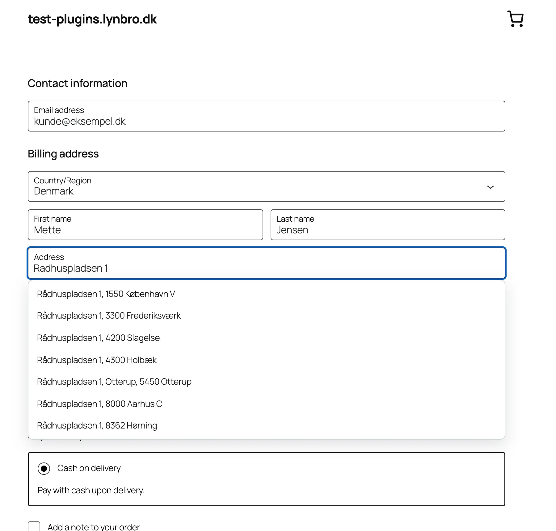 WooCommerce-checkout, hvor en gade med stavefejl stadig viser de rigtige officielle adresser