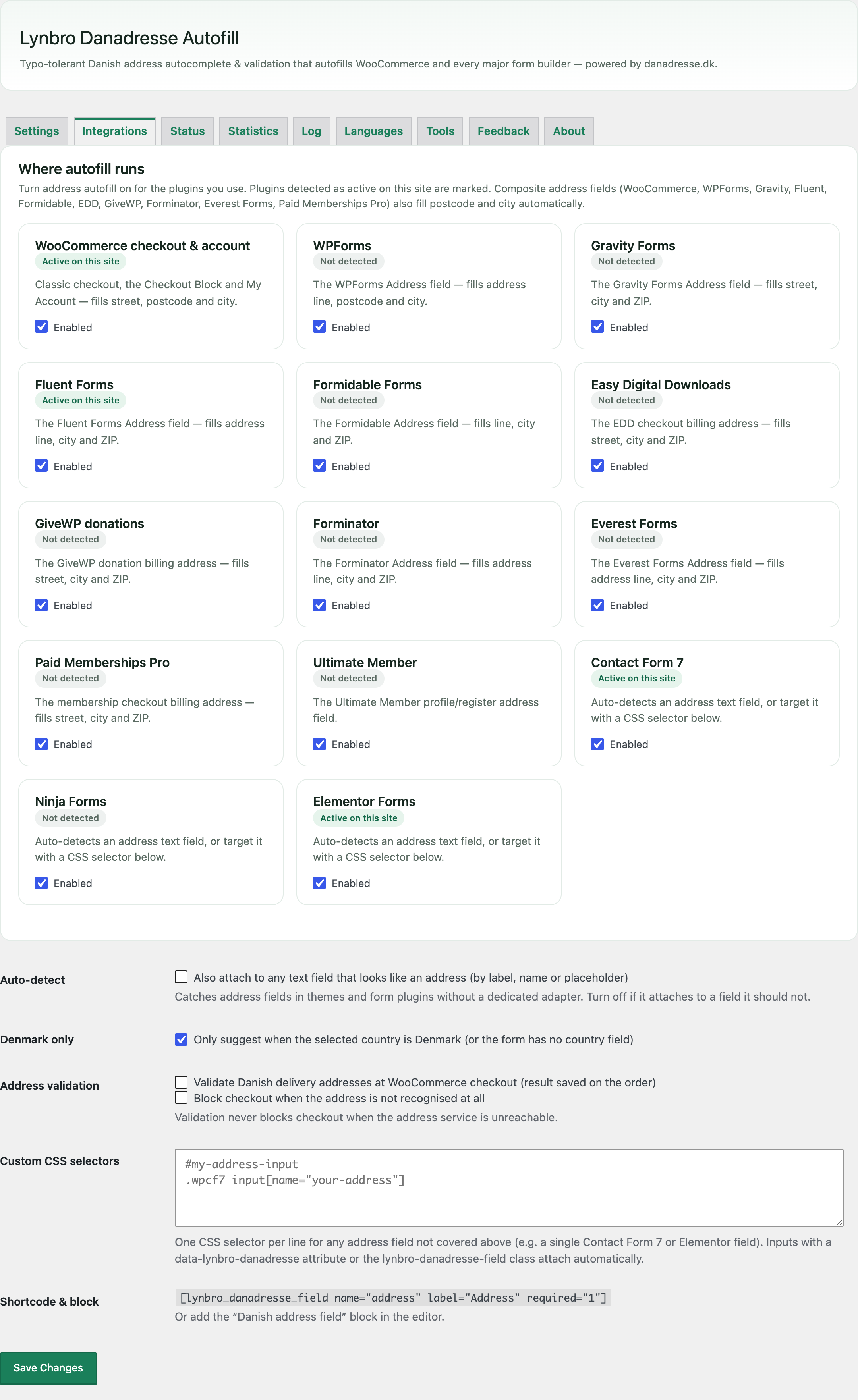 Integrations tab with per-plugin autofill toggles, marking which plugins are active on the site