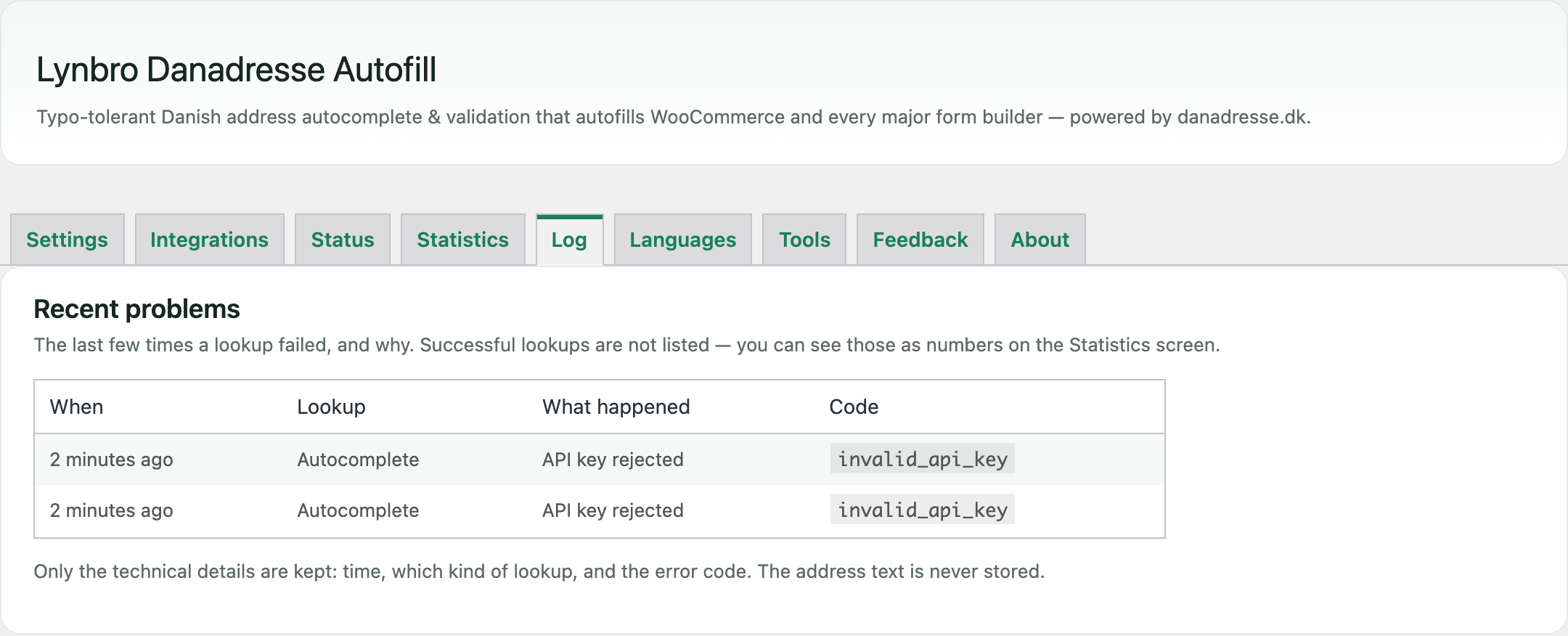 Log tab listing recent failed lookups with a plain-language explanation of each