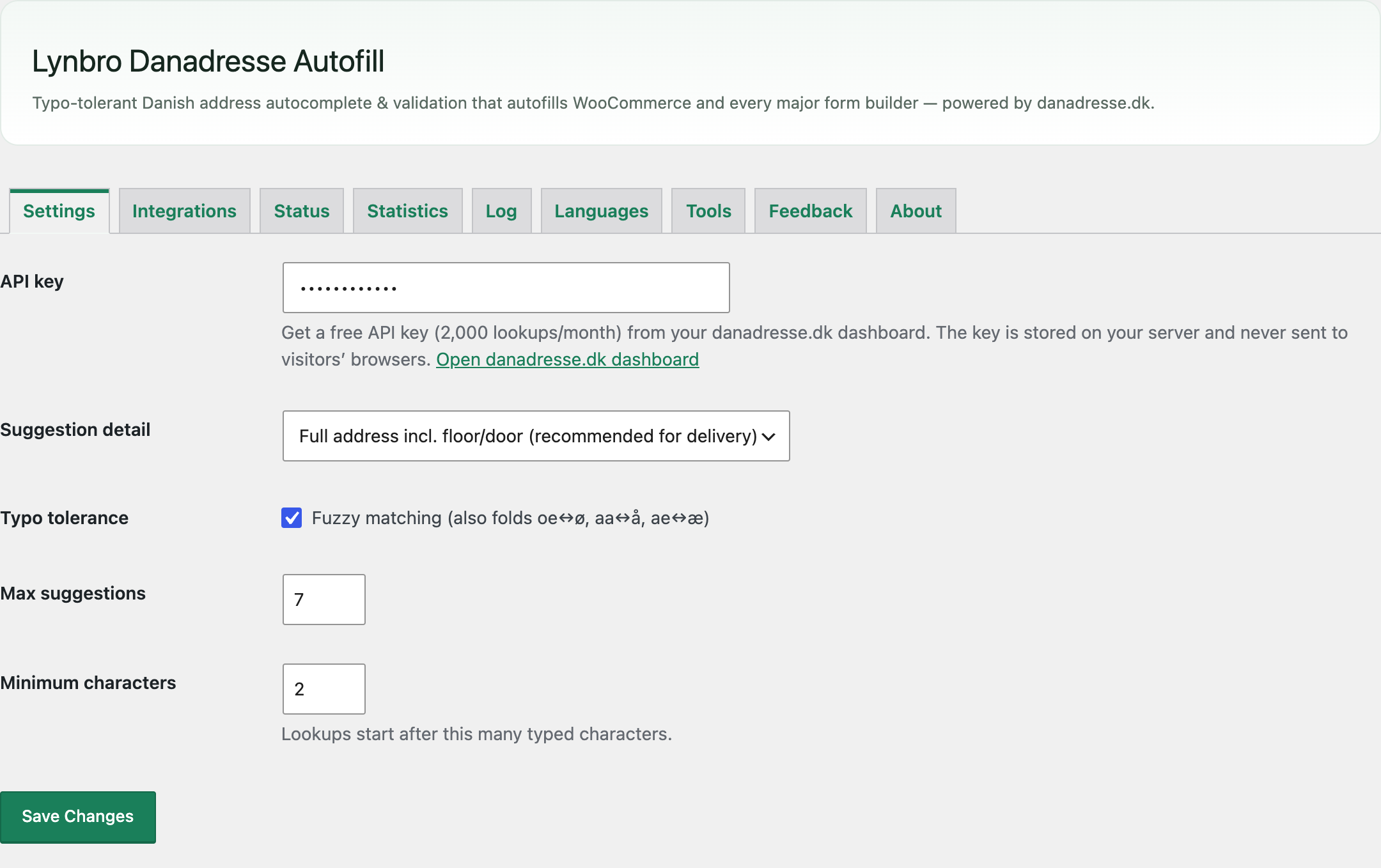 Settings tab with the API key field and suggestion behaviour options