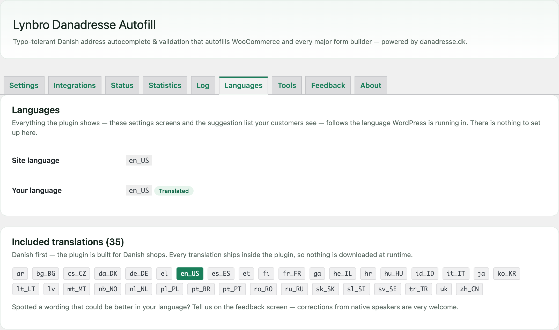 Languages tab listing the 35 translations bundled with the plugin