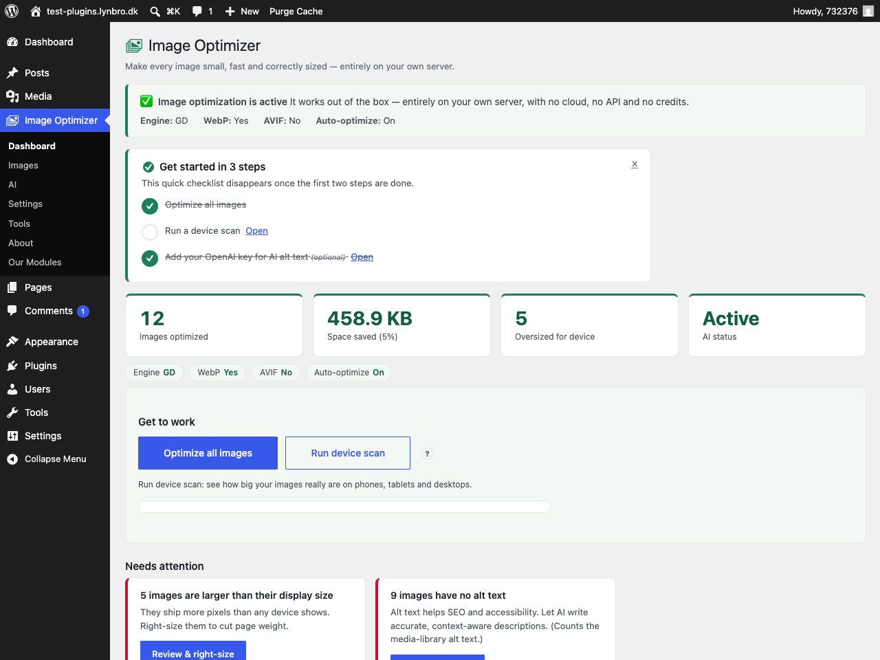 Work-first Dashboard with optimization status and a getting-started checklist