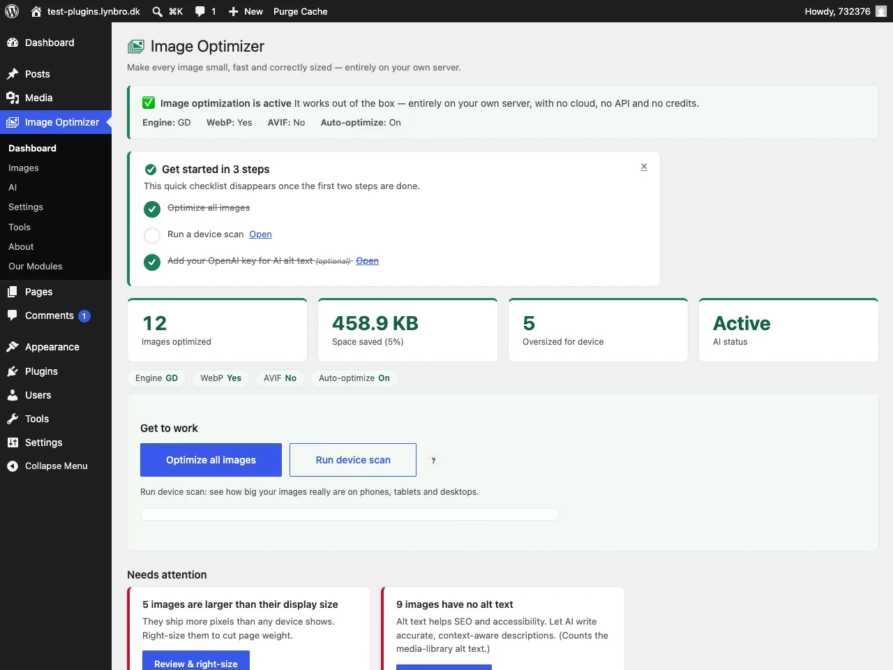 Work-first Dashboard with optimization status and a getting-started checklist