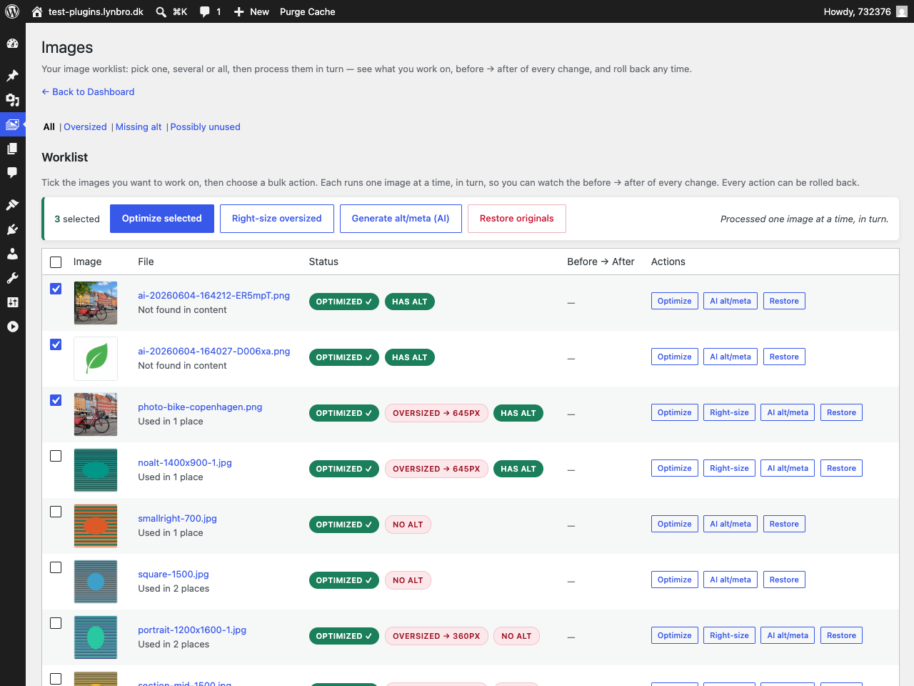 Images worklist with multi-select checkboxes and bulk actions