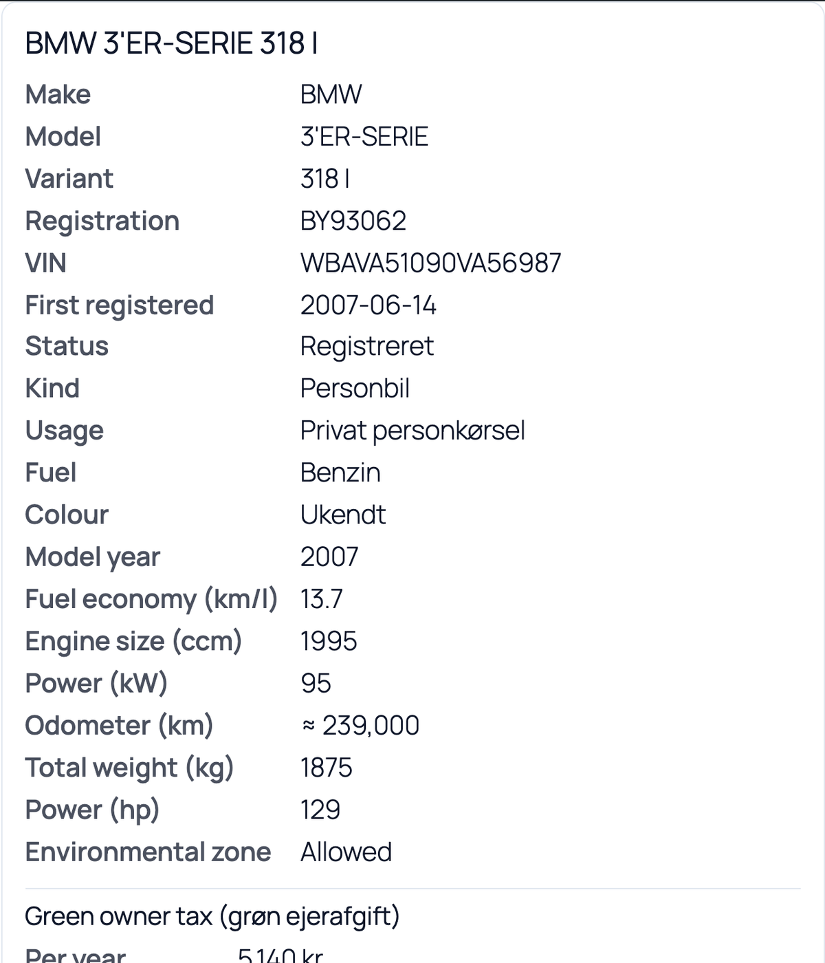 Vehicle card showing the full DMR record for a Danish registration number