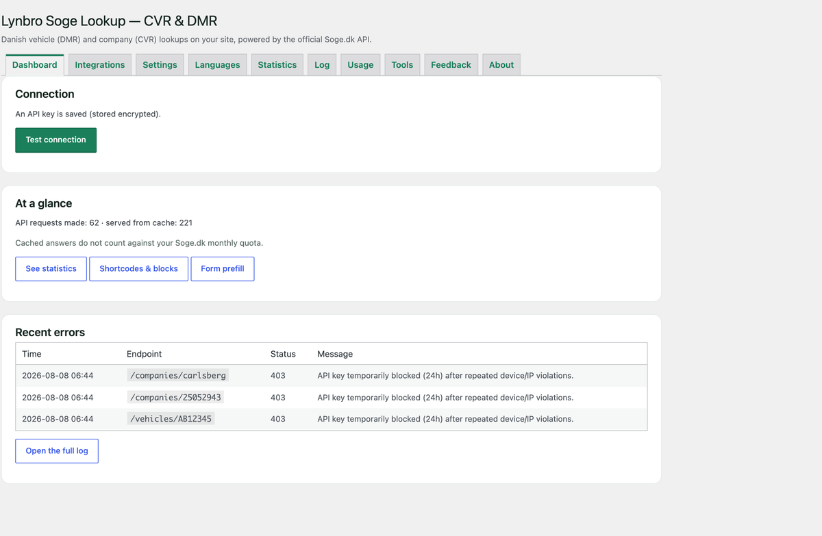 Plugin dashboard with connection test and recent errors
