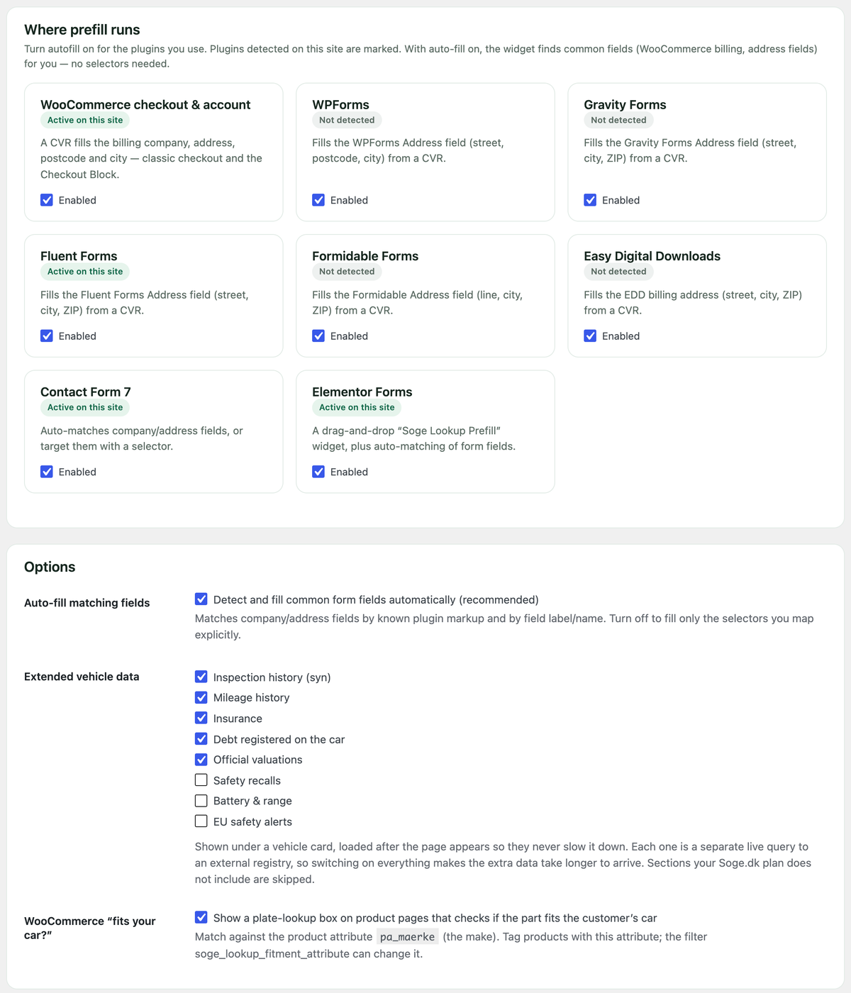Integrations tab with per-plugin autofill toggles and extended vehicle data checkboxes