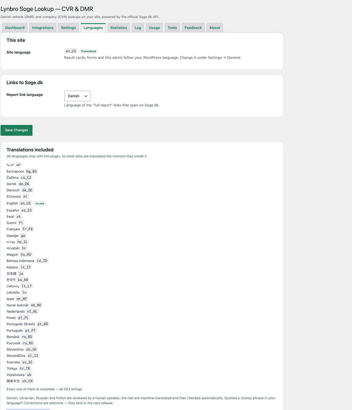 Languages tab listing the 35 translations that ship with the plugin