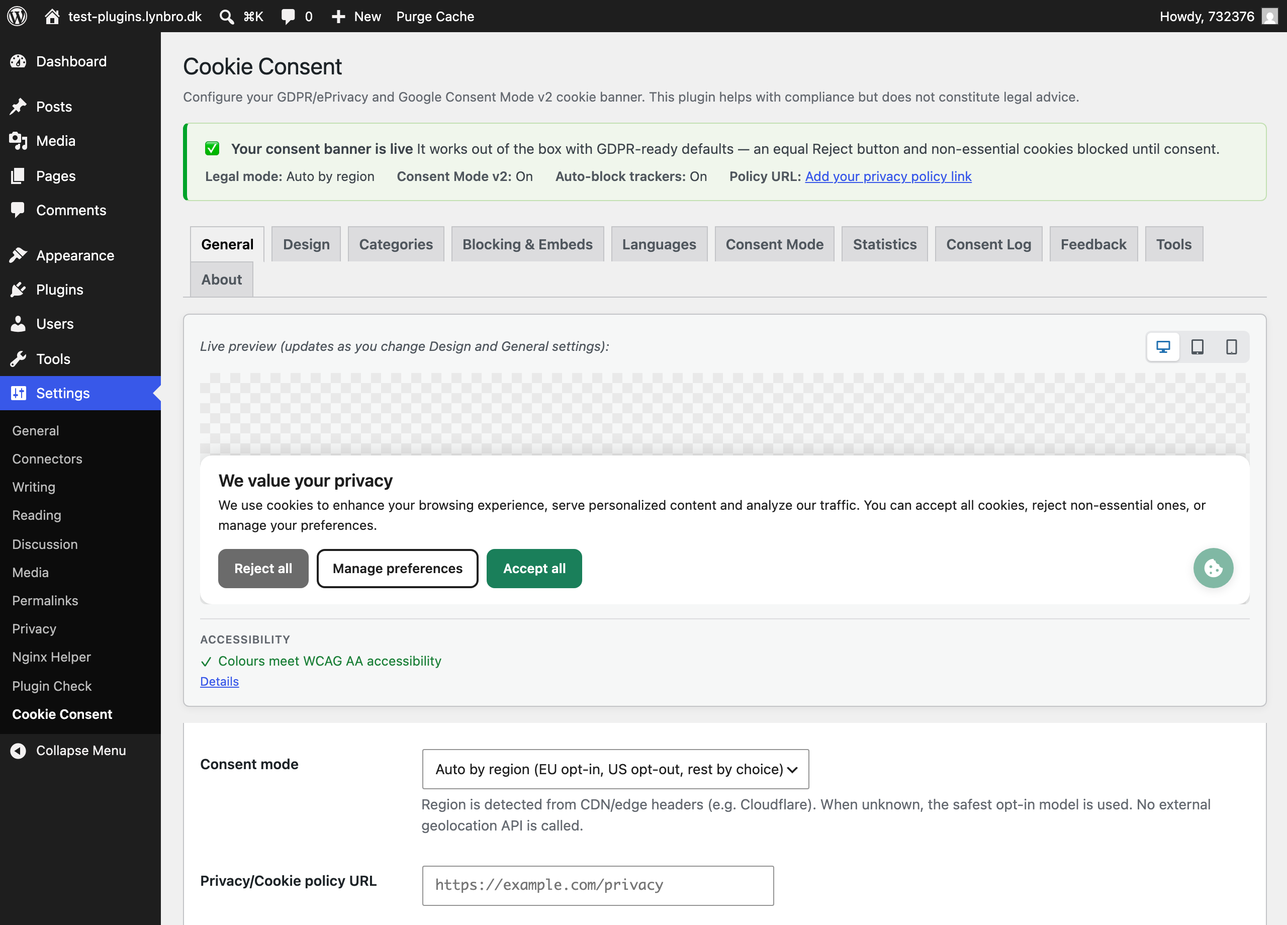 Admin settings with live preview
